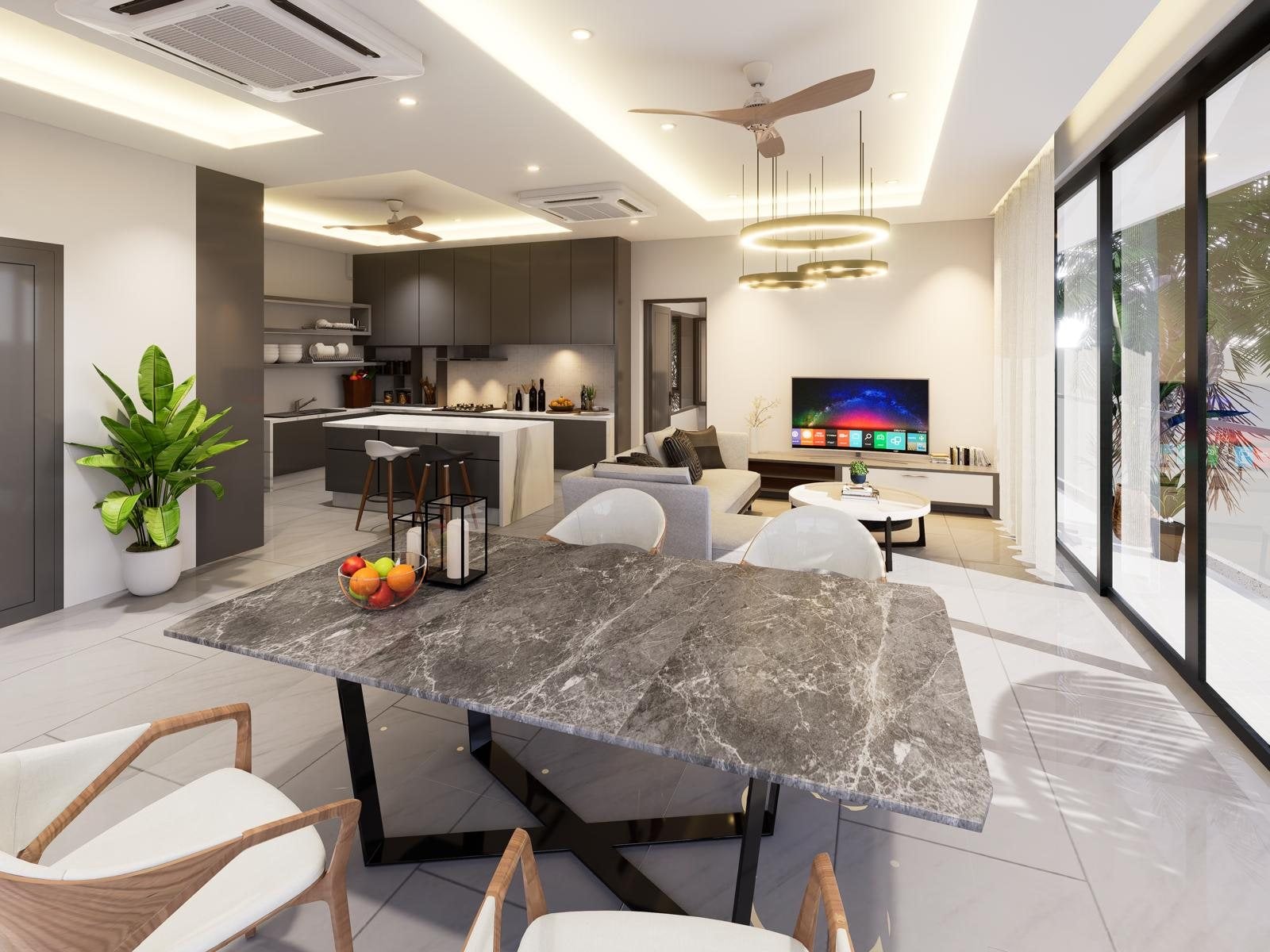 Rendering of an open-plan living and dining space with glass walls