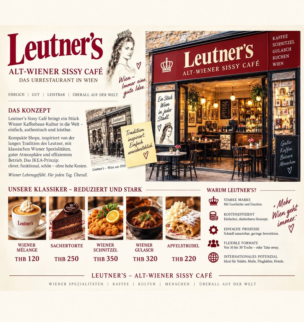 Leutner's concept board: brand, store front and classic Viennese menu
